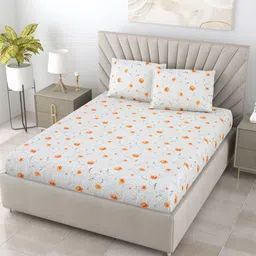 BOMBAY DYEING Orange & Grey Floral 104 TC Queen Bedsheet with 2 Pillow Covers-image-11
