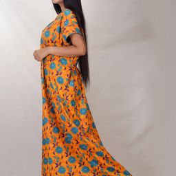 CLYMAA Orange Pure Cotton Maxi Printed Nightdress-image-82