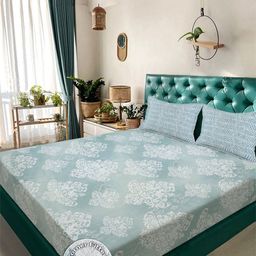 Aura Green & White Floral 300 TC Fitted Double King Bedsheet Set-2.5 m X 2.25 m-picture-44