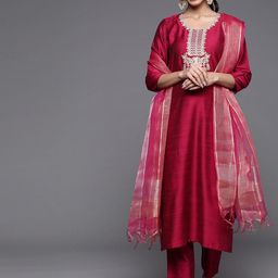 Varanga Women Floral Yoke Design Regular Thread Work Kurta with Trousers & With Dupatta-20