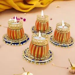 GADINFASHION Orange & Gold-Toned 4 Pieces Candle Holders-13
