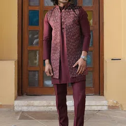 The Kurta Studio Floral Printed Band Collar Straight Kurta With Pyjamas & LongJacket-image-42