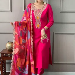 Moda Rapido Floral Yoke Design Sequinned Cotton Silk Straight Kurta & Trouser & Dupatta-35