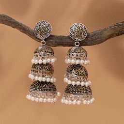 Yellow Chimes Silver-Plated Pearls Beaded Oxidized Dome Shaped Jhumkas-16