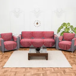 RUBOXA Maroon & Beige 16 Pieces Self Design Cotton 5 Seater Sofa Covers With Arms-8