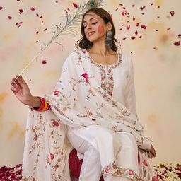 Indo Era Women Floral Embroidered Regular Thread Work Kurta with Trousers & With Dupatta-13