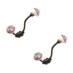 IndianShelf Bronze & Pink 2 Pieces Flower Printed Ceramic Wall Hooks-image-90