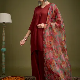 InWeave V-Neck A-Line Kurta With Palazzos And Dupatta-14