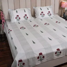 Hawamahal Khas Bagh White & Green Printed Cotton 350 TC King Bedsheet Set 2.25 m x 2.75 m-picture-12