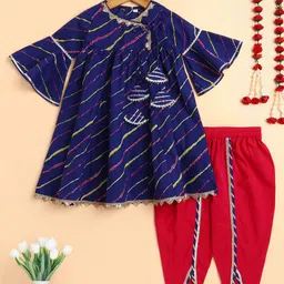 The Magic Wand Girls Leheriya Printed Regular Pure Cotton Kurta with Pyjamas-image-52