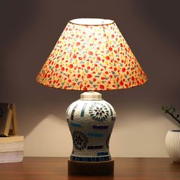 Devansh White Printed Frustum Shaped Wooden Table Lamp With Mosaic Glass Base image 2