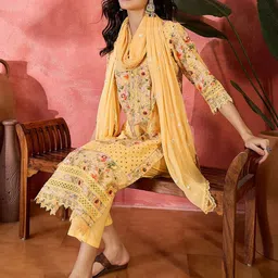 Sangria Digital Printed With Schiffli Embroidered Cotton Kurta With Bottom & Dupatta Set image 3