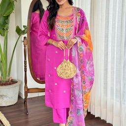 URMIR FASHION Women Ethnic Motifs Embroidered Chanderi Silk Kurta with Trousers & Dupatta-image-92