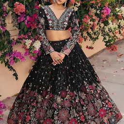ODETTE Embroidered Thread Work Semi-Stitched Lehenga & Unstitched Blouse With Dupatta image 3