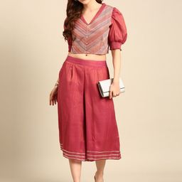 De Moza Selection of 2 Geometric Embroidered V Neck Puffed Sleeve Crop Top & Culottes-image-5