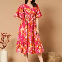 Jash Creation Printed Flared Sleeve Smocked Fit & Flare Midi Dress-image-63