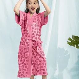 HotGown Kids Pink Printed Terry Cotton Bath Robe-39