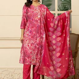 FLAMBOYANT Women Ethnic Motifs Printed Regular Chanderi Silk Kurta with Trousers & With Dupatta-5