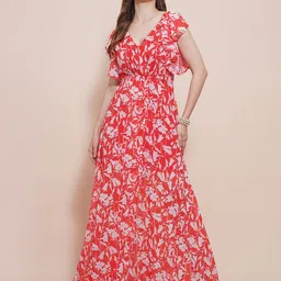 Globus Women Floral Print Flutter Sleeve Ruffled Georgette Fit & Flare Maxi Dress-picture-1