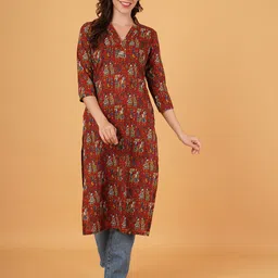 Magnetism Ethnic Motifs Printed V-Neck Kalamkari Cotton Straight Kurta-29