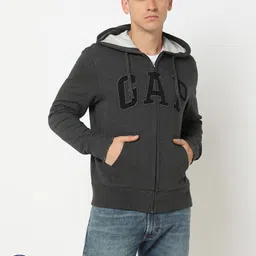 GAP Brand Logo Applique Hooded Front-Open Pure Cotton Sweatshirt-image-5