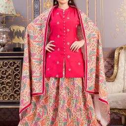 Sangria Girls Sequinned Embroidered Mandarin Collar Pure Silk Kurti With Skirt & Dupatta-image-81