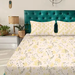 KLOTTHE Yellow & Off White Floral 300 TC King Bedsheet with 2 Pillow Covers-picture-10