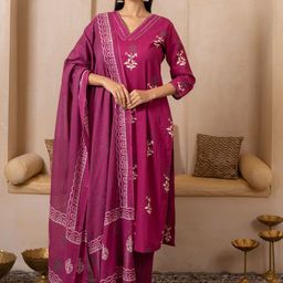 SHIVARA Women Ethnic Motifs Printed Mirror Work Pure Cotton Kurta with Trousers & Dupatta-image-85