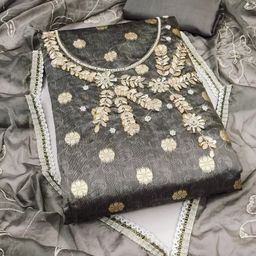 NEGRONI Floral Woven Design Beads And Stones Tussar Silk Unstitched Dress Material-image-5