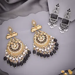 Anouk Set Of 2 Silver-Plated Artificial Stones and Beaded Geometric Drop Earrings-13