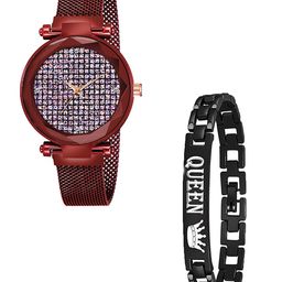 CSAMON Women Analogue Watch With Bracelet GR_379_Red_Pink Zari Queen Bracelet-image-94