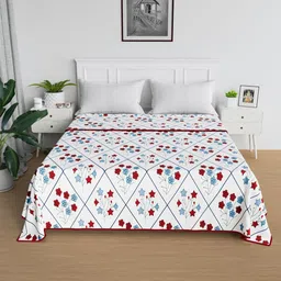 Aura White & Red Floral Printed Cotton AC Room 150 GSM Double Bed Blanket-15