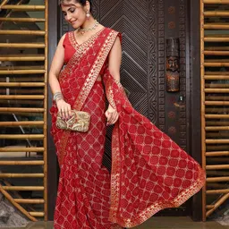 Lookmark Women Bandhani Printed Zari Embroidered Pure Georgette Saree-image-27