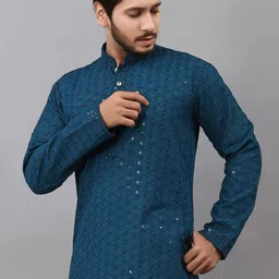 ALMORA Men Ethnic Motifs Embroidered Regular Sequinned Pure Cotton Kurta with Pyjamas-picture-13