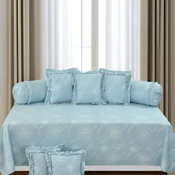 Luxmi Cotton Fabrics 8Pcs White & Blue Floral Printed Diwan Set-26