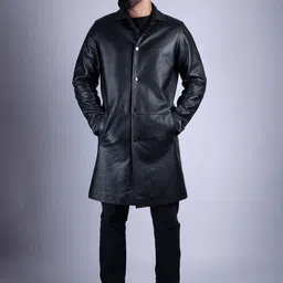 HUE & HIDE Men Leather Longline Open Front Jacket-image-68