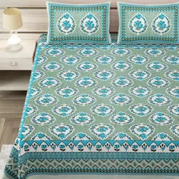 Aapno Rajasthan White & Blue Ethnic Motifs 144 TC King Bedsheet with 2 Pillow Covers-image-41