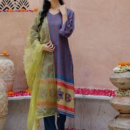 Sangria Stiped V-Neck Kurta With Trousers & Embroidered Dupatta-image-52