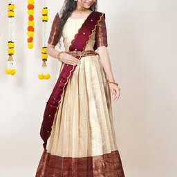 Fabcartz Floral Woven Design Semi-Stitched Lehenga & Unstitched Blouse With Dupatta-image-90