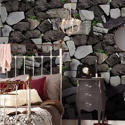 INDIAN ROYALS Black & Grey Printed Stones With Leaves Design Waterproof Wallpaper-image-79