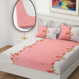 YaAkholic White & Peach-Coloured 210 TC Queen Bedsheet with 2 Pillow Covers-image-73