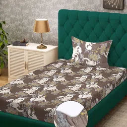 KLOTTHE Brown & White Floral Printed 300 TC Fitted Single Bedsheet - 2.25 m x 1.50 m-image-90