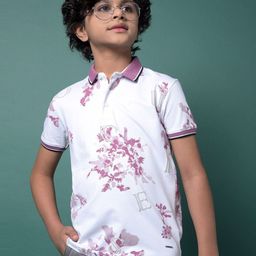 Crimsoune Club Boys Floral Printed Polo Collar Raw Edge Slim Fit T-shirt-image-72