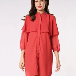 Iti Women Solid Mandarin Collar Cold-Shoulder Shirt Dress-image-60