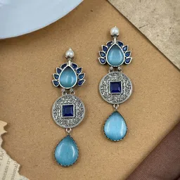 NAMAN ARTS Silver-Plated Oxidised Stones Studded Tear Drop Shaped Drop Earrings-47