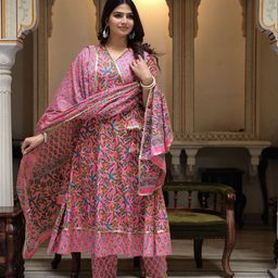 ELVISH JAIPUR Women Ethnic Motifs Printed Regular Pure Cotton Kurta with Palazzos & With Dupatta-image-3