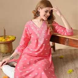 BKApparels Floral Embroidered V-Neck Straight Cotton Kurta-picture-43