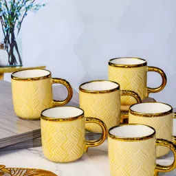 Roxx Yellow & Gold-Toned Printed 6 Pcs Dishwasher Safe Porcelain Glossy Finish Mugs 180ml-21