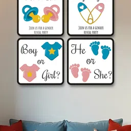 SAF 4-Pcs White & Blue Baby Gender Revealing Painting Framed Wall Art-picture-48