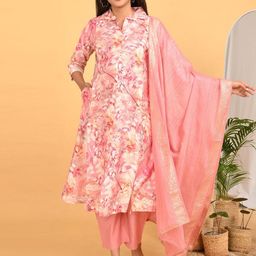 GOLDSTROMS Women Floral Printed Shirt Collar Maternity Kurta with Trousers & Dupatta-image-35